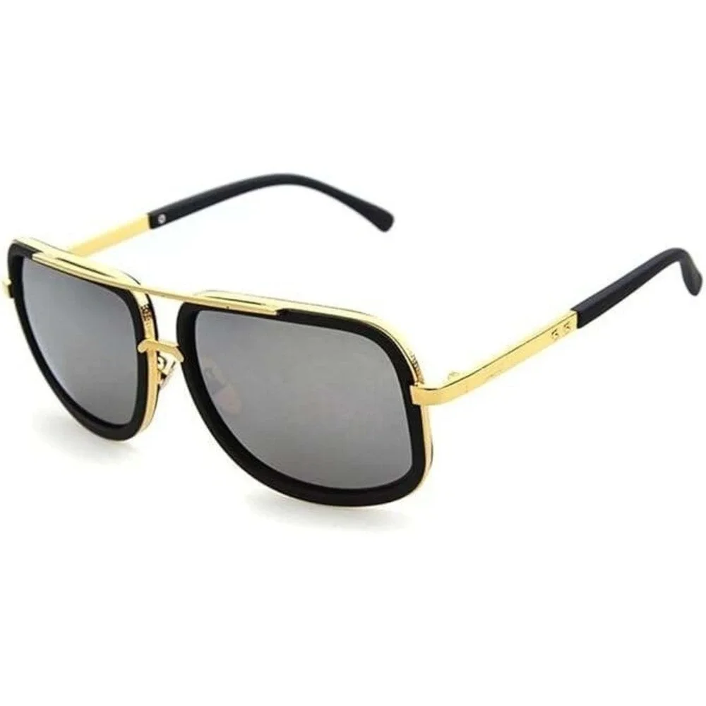 Trendy Men‎ Sunglasses Gold Black Frame Mirror Lens Retro Square Oversized Male